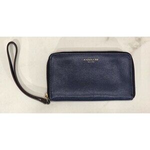 Coach Saffiano Leather Wristlet Wallet Zip Around Navy Blue Pockets Classic